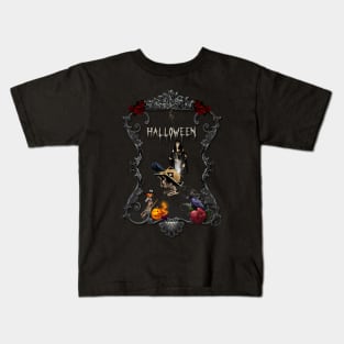 Funny halloween design with skeleton, witch and crows Kids T-Shirt